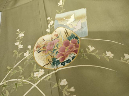 平和屋着物●訪問着　友禅　駒刺繍　色紙飛鶴草花文　金彩　正絹　逸品　未使用　AABI5264cs