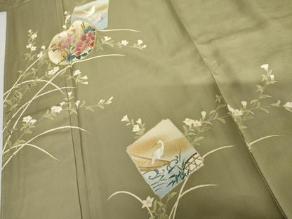 平和屋着物●訪問着　友禅　駒刺繍　色紙飛鶴草花文　金彩　正絹　逸品　未使用　AABI5264cs