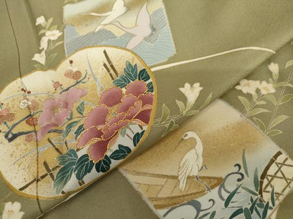 平和屋着物●訪問着　友禅　駒刺繍　色紙飛鶴草花文　金彩　正絹　逸品　未使用　AABI5264cs