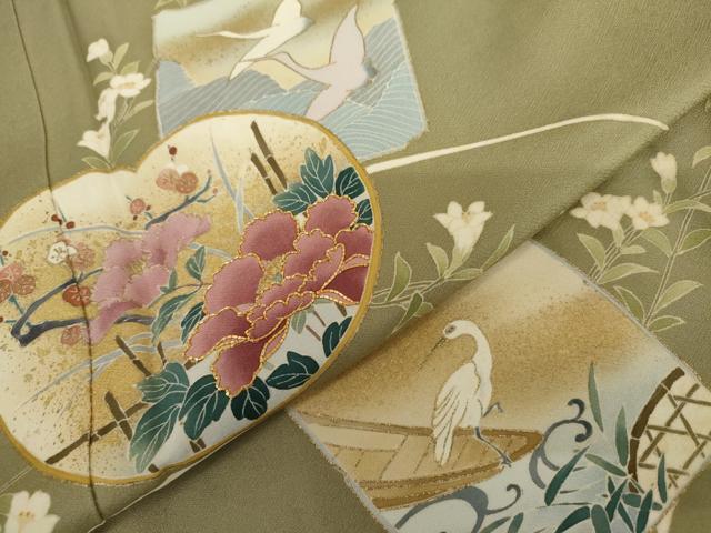平和屋着物●訪問着　友禅　駒刺繍　色紙飛鶴草花文　金彩　正絹　逸品　未使用　AABI5264cs