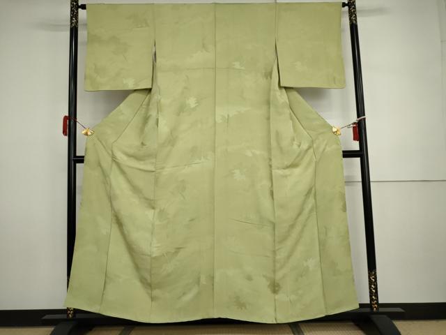 平和屋着物●上質な色無地　飛鶴地紋　若葉色　正絹　逸品　AABI5271cs