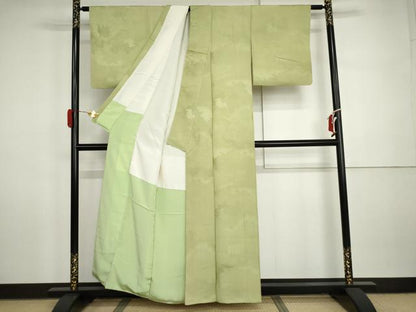 平和屋着物●上質な色無地　飛鶴地紋　若葉色　正絹　逸品　AABI5271cs