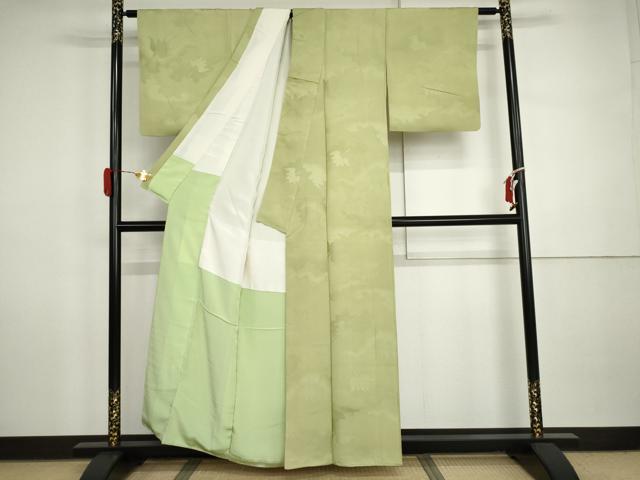 平和屋着物●上質な色無地　飛鶴地紋　若葉色　正絹　逸品　AABI5271cs