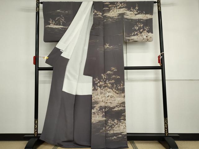 平和屋着物●訪問着　友禅　浜松風景文　金彩　鬼しぼ縮緬　正絹　逸品　AABI5273cs