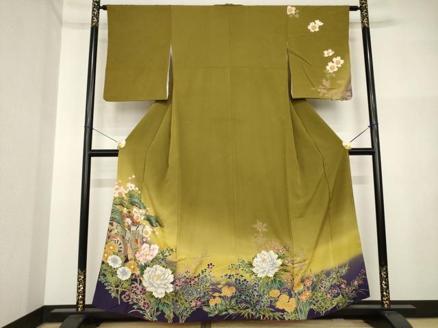 平和屋着物●訪問着　駒刺繍　御所車花文　暈し染め　正絹　逸品　AABI5285ck