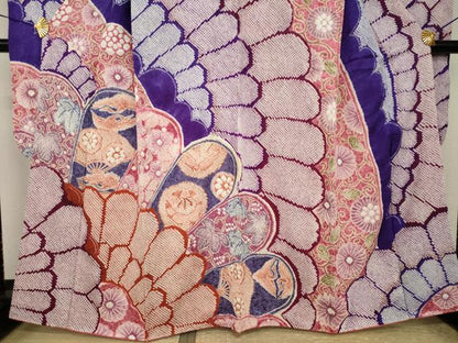 平和屋着物●名門　藤娘きぬたや・総絞り　振袖　吉祥花鳥文　正絹　逸品　AABI5286ck