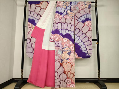 平和屋着物●名門　藤娘きぬたや・総絞り　振袖　吉祥花鳥文　正絹　逸品　AABI5286ck