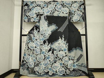 平和屋着物●名門　藤娘きぬたや・総絞り　訪問着　吉祥花文　黒地　正絹　逸品　AABI5290ck