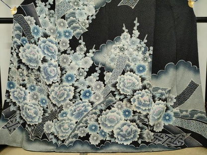 平和屋着物●名門　藤娘きぬたや・総絞り　訪問着　吉祥花文　黒地　正絹　逸品　AABI5290ck