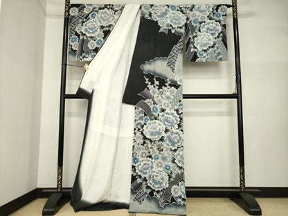 平和屋着物●名門　藤娘きぬたや・総絞り　訪問着　吉祥花文　黒地　正絹　逸品　AABI5290ck