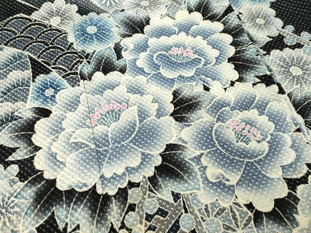 平和屋着物●名門　藤娘きぬたや・総絞り　訪問着　吉祥花文　黒地　正絹　逸品　AABI5290ck
