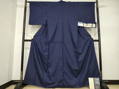 平和屋着物●藍造り国選定無形文化財　藍師・佐藤昭人　花織　紬　天然河波藍　菱文　証紙・認定書付き　正絹　逸品　AABI5291ck