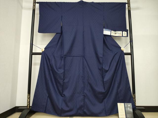 平和屋着物●藍造り国選定無形文化財　藍師・佐藤昭人　花織　紬　天然河波藍　菱文　証紙・認定書付き　正絹　逸品　AABI5291ck