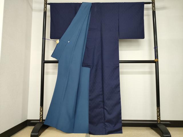平和屋着物●藍造り国選定無形文化財　藍師・佐藤昭人　花織　紬　天然河波藍　菱文　証紙・認定書付き　正絹　逸品　AABI5291ck