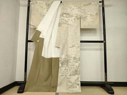 平和屋着物●染織の名門　しょうざん  生紬　訪問着　風景文　一珍染　反端付き　正絹　逸品　AABI5294ck