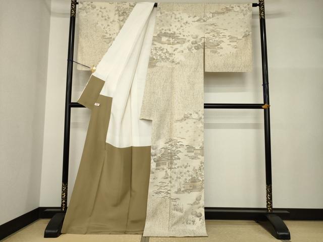 平和屋着物●染織の名門　しょうざん  生紬　訪問着　風景文　一珍染　反端付き　正絹　逸品　AABI5294ck