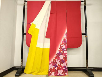 平和屋着物●染色作家　斉藤三才　振袖・袋帯セット　花尽くし　暈し染め　正絹　逸品　AABI5300ck