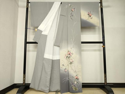 平和屋着物●訪問着　手描き　枝花文　寿光織　暈し染め　金糸　正絹　逸品　AABI5302ck