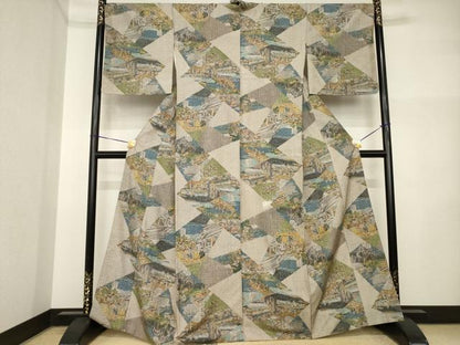 平和屋着物●上質な小紋　紬地　名所風景文　正絹　逸品　AABI5307ck