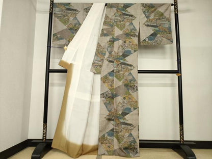 平和屋着物●上質な小紋　紬地　名所風景文　正絹　逸品　AABI5307ck