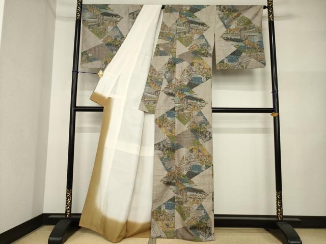平和屋着物●上質な小紋　紬地　名所風景文　正絹　逸品　AABI5307ck