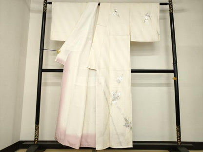 平和屋着物●訪問着　刺繍　笹竹草花文　銀彩　正絹　逸品　AABI5321ck