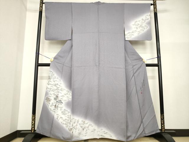 平和屋着物●川勝秀雄　訪問着　風景文　笹　梅　暈し染め　正絹　逸品　AABI5328ck