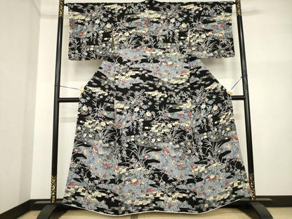 平和屋着物●上質な小紋　紅型　流水花鳥文　黒地　正絹　逸品　AABI5332ck
