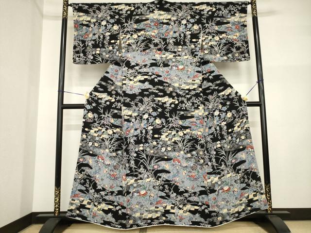 平和屋着物●上質な小紋　紅型　流水花鳥文　黒地　正絹　逸品　AABI5332ck