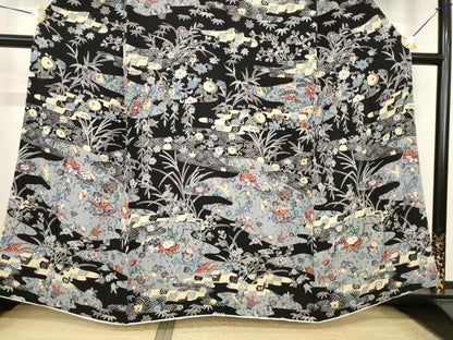 平和屋着物●上質な小紋　紅型　流水花鳥文　黒地　正絹　逸品　AABI5332ck
