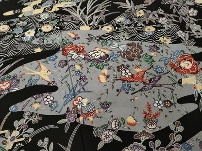 平和屋着物●上質な小紋　紅型　流水花鳥文　黒地　正絹　逸品　AABI5332ck