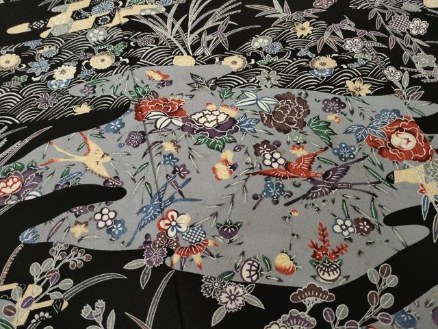 平和屋着物●上質な小紋　紅型　流水花鳥文　黒地　正絹　逸品　AABI5332ck