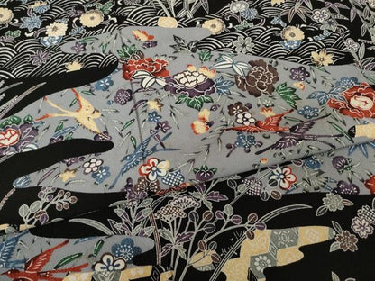 平和屋着物●上質な小紋　紅型　流水花鳥文　黒地　正絹　逸品　AABI5332ck