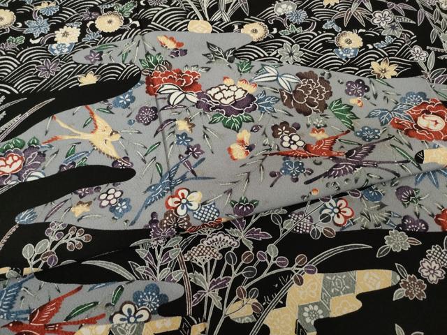 平和屋着物●上質な小紋　紅型　流水花鳥文　黒地　正絹　逸品　AABI5332ck