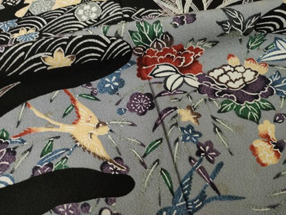 平和屋着物●上質な小紋　紅型　流水花鳥文　黒地　正絹　逸品　AABI5332ck