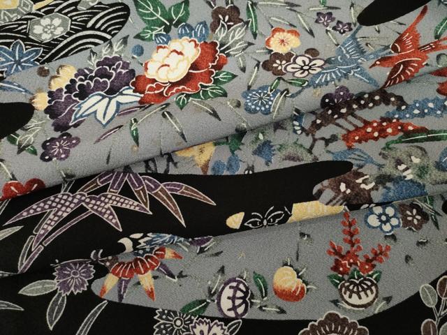 平和屋着物●上質な小紋　紅型　流水花鳥文　黒地　正絹　逸品　AABI5332ck