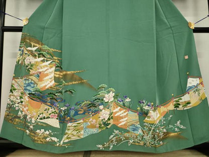平和屋着物●豪華色留袖　作家物　駒刺繍　飛鶴風景花文　正絹　逸品　AABI5341ck