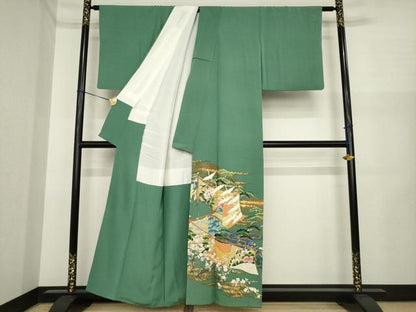 平和屋着物●豪華色留袖　作家物　駒刺繍　飛鶴風景花文　正絹　逸品　AABI5341ck