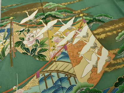 平和屋着物●豪華色留袖　作家物　駒刺繍　飛鶴風景花文　正絹　逸品　AABI5341ck