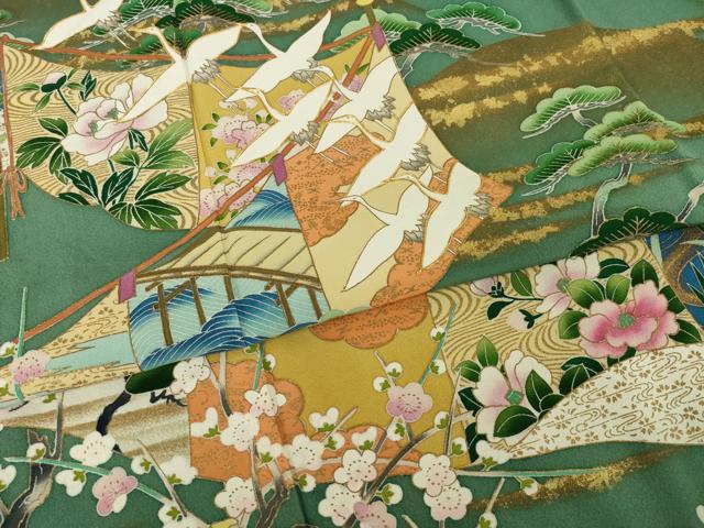 平和屋着物●豪華色留袖　作家物　駒刺繍　飛鶴風景花文　正絹　逸品　AABI5341ck