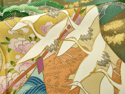 平和屋着物●豪華色留袖　作家物　駒刺繍　飛鶴風景花文　正絹　逸品　AABI5341ck