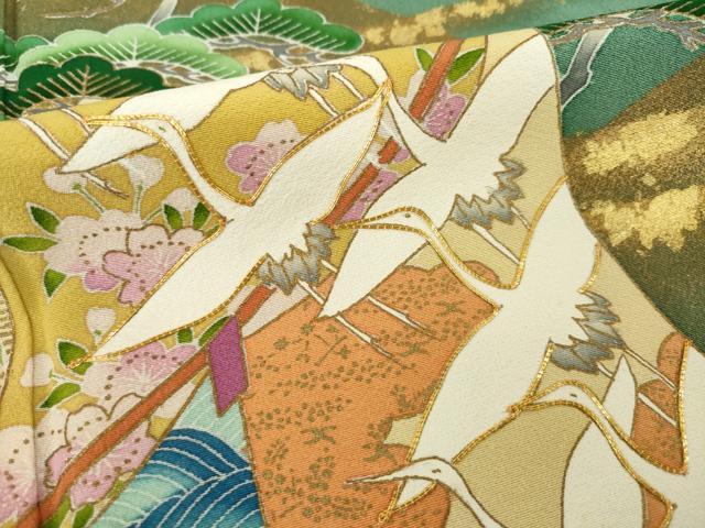 平和屋着物●豪華色留袖　作家物　駒刺繍　飛鶴風景花文　正絹　逸品　AABI5341ck