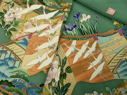 平和屋着物●豪華色留袖　作家物　駒刺繍　飛鶴風景花文　正絹　逸品　AABI5341ck