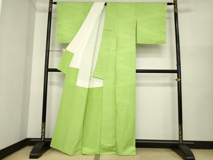 平和屋着物●上質な色無地　青海波地紋　若苗色　正絹　逸品　未使用　AABI5347ck