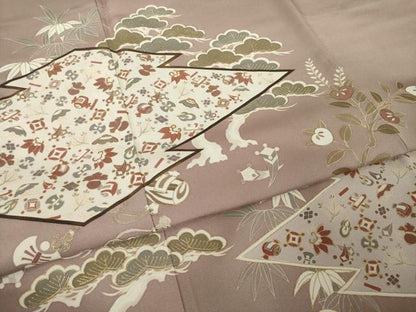 平和屋着物●豪華色留袖　駒刺繍　松皮菱飛鶴宝尽くし　金彩　正絹　逸品　AABI5348ck