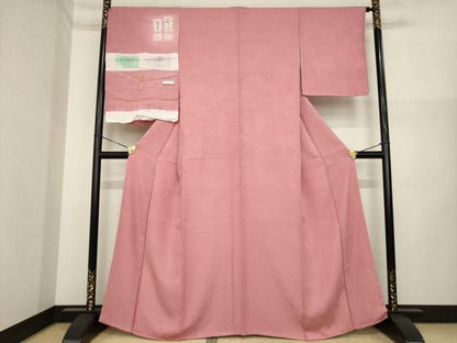 平和屋着物●大正の浮世絵師 竹久夢二 夢二ロマン 色無地 舞花地紋 加茂の里 薄紅色 丹後ちりめん 反端付き 正絹 逸品 未使用 AABI5350ck