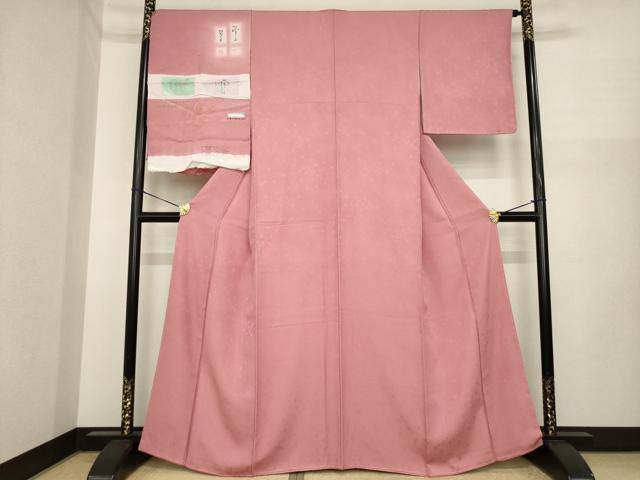 平和屋着物●大正の浮世絵師 竹久夢二 夢二ロマン 色無地 舞花地紋 加茂の里 薄紅色 丹後ちりめん 反端付き 正絹 逸品 未使用 AABI5350ck