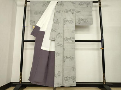 平和屋着物●小千谷紬　人物文　香素里　ログウッド　反端付き　正絹　逸品　未使用　AABI5354ck