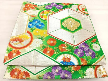 平和屋着物◎六通柄袋帯 唐織 亀甲花文 金銀糸 正絹 逸品 AABI5363yx