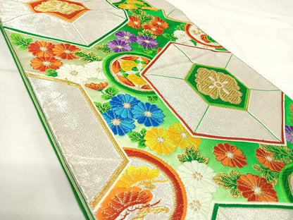 平和屋着物◎六通柄袋帯 唐織 亀甲花文 金銀糸 正絹 逸品 AABI5363yx